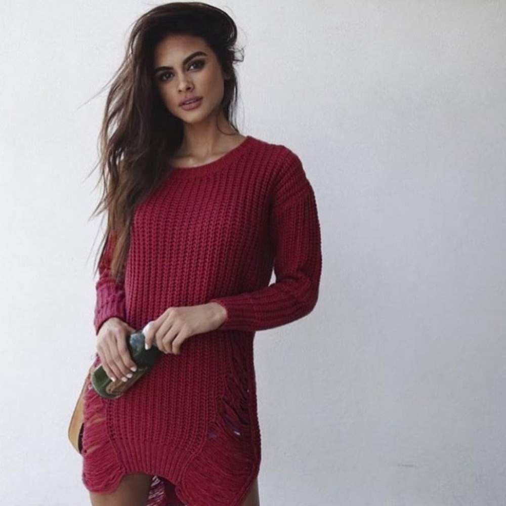 Sexy Wine Ripped Long Sleeve Sweater Dress - Picture 3 of 6